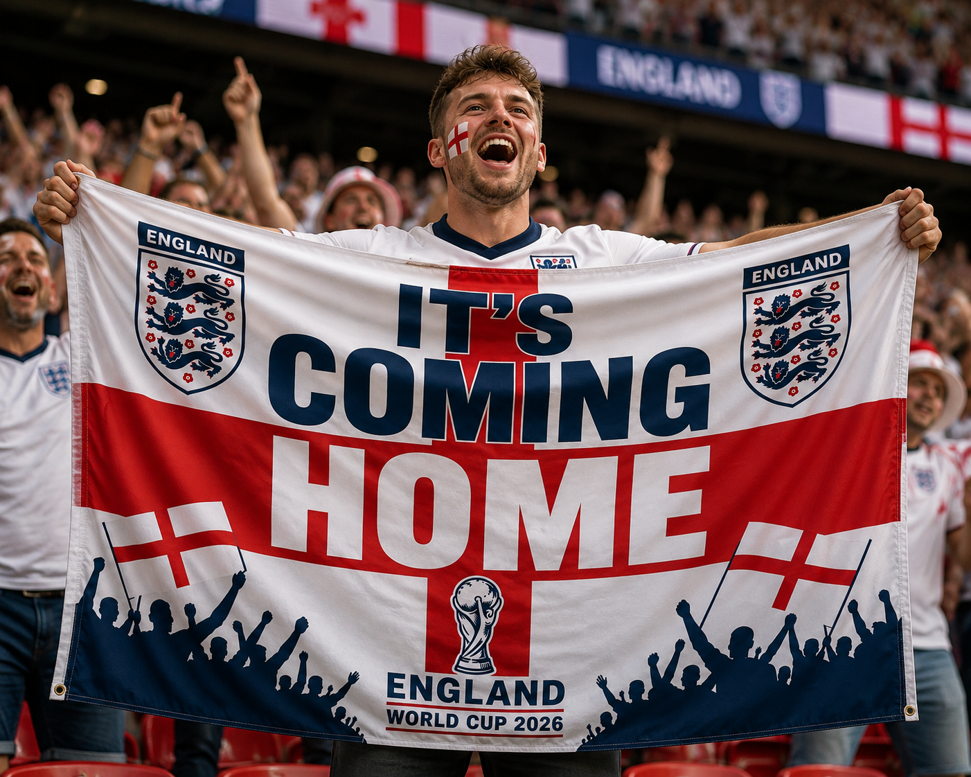 England/Three Lions World Cup 2026 Flag/banner - 5x3ft - "It's Coming Home"